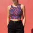 Cropped tank top with psychedelic purple and coral swirling waves pattern featuring mystical third eye designs, racerback style sleeveless womens festival top with body-hugging fit for rave outfits, alternative clothing, y2k aesthetic streetwear, trippy spiritual print crop top for concerts and music festivals, black owned shops bohemian mystical shirt